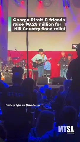 A post by @mysanantonio on TikTok caption: The King of Country 🤠 was joined by some of his closest friends for a massive fundraising event on Sunday, July 27. More than $6 million was raised to help families of those affected in the July 4 floods. Per a post, "proceeds from the event and contributions made online will be donated to the 501(c)(3) Vaqueros del Mar Texas Flood Relief Fund and distributed directly to affected families and established Hill Country recovery efforts."