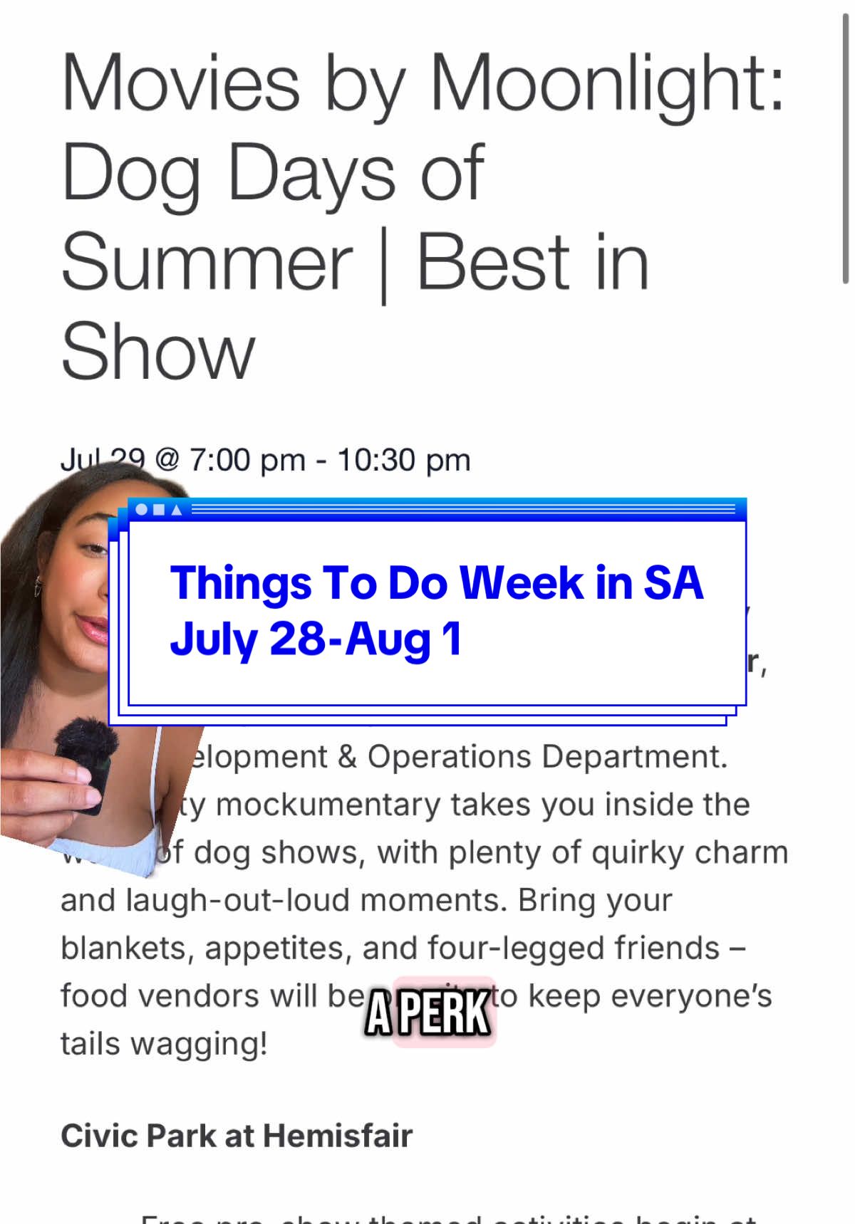 A post by @theunofficialtourguide on TikTok caption: Things To Do This Week In San Antonio July 28- Aug 1✨💛 ✨ Dog Days at Botanical Gardens Mon Jul 7 -  Sun Aug 31 7:00PM Included with Garden admission and membership  ✨Tuesday: Movies by Moonlight: Dog Days of Summer Hemisfair @Hemisfair  ✨Thursday Let’s get this bread Sticky Bun Edition The Newstand July 31 5:15pm -7:15pm  ✨ Thursday Disco Alfresco at Hemisfair: 7:30 PM to 10:30 PM (forgot to include in video lol)  #sanantonio #sanantoniospots #sanantoniocontentcreator #sanantoniotourguide #UnofficialTourGuide #SanAntonioFreeEvents  