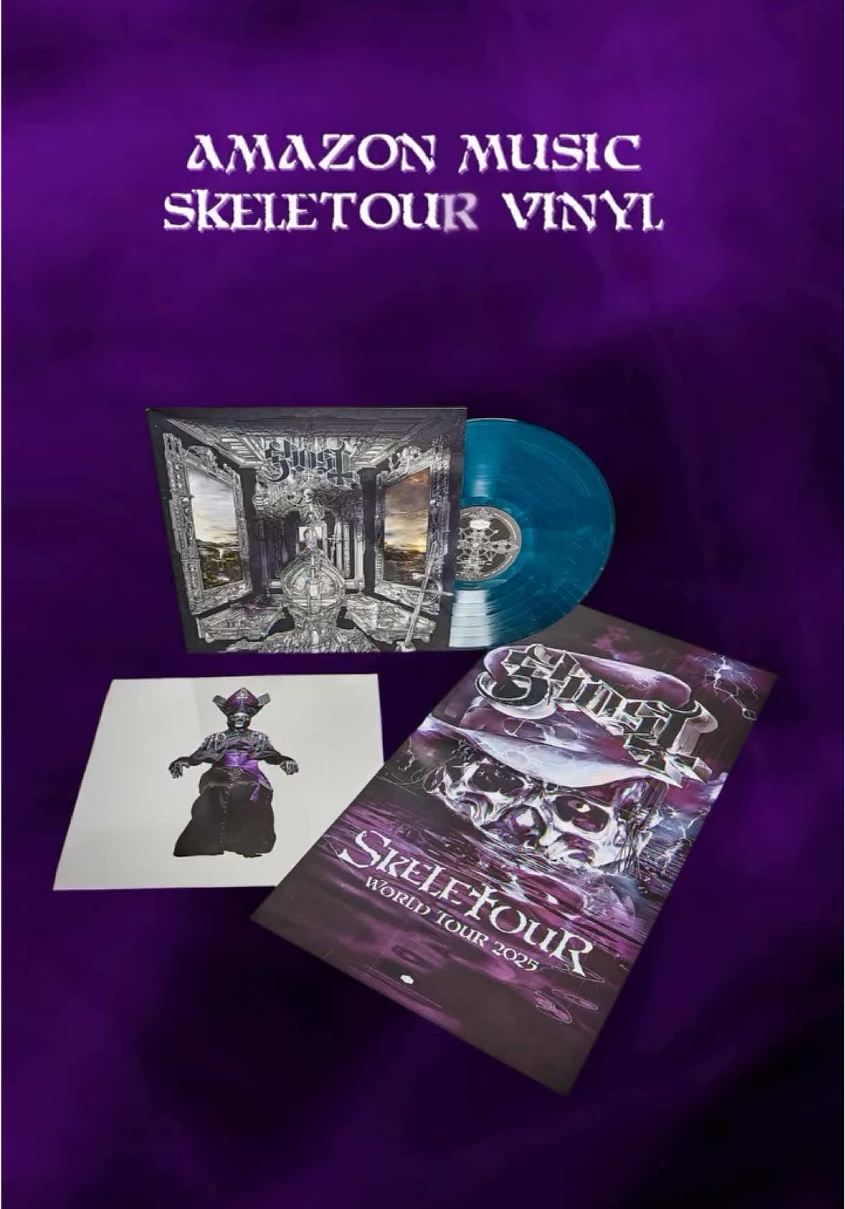 A post by @thebandghost on TikTok caption: [MESSAGE FROM THE CLERGY] We wish to inform you that @Amazon Music exclusive Skeletour vinyl is still available. Pressed in spectral sea blue and accompanied by a sacred Skeletour poster, this limited relic is only available during Ghost’s summer tour. Claim your copy of this special version of Ghost's new album Skeletá while supplies last.