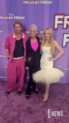 A post by @enews on TikTok caption: We're freaking out because Lindsay Lohan, Chad Michael Murray, and Jamie Lee Curtis have arrived to the #FreakierFriday premiere in New York. 🎸🤘