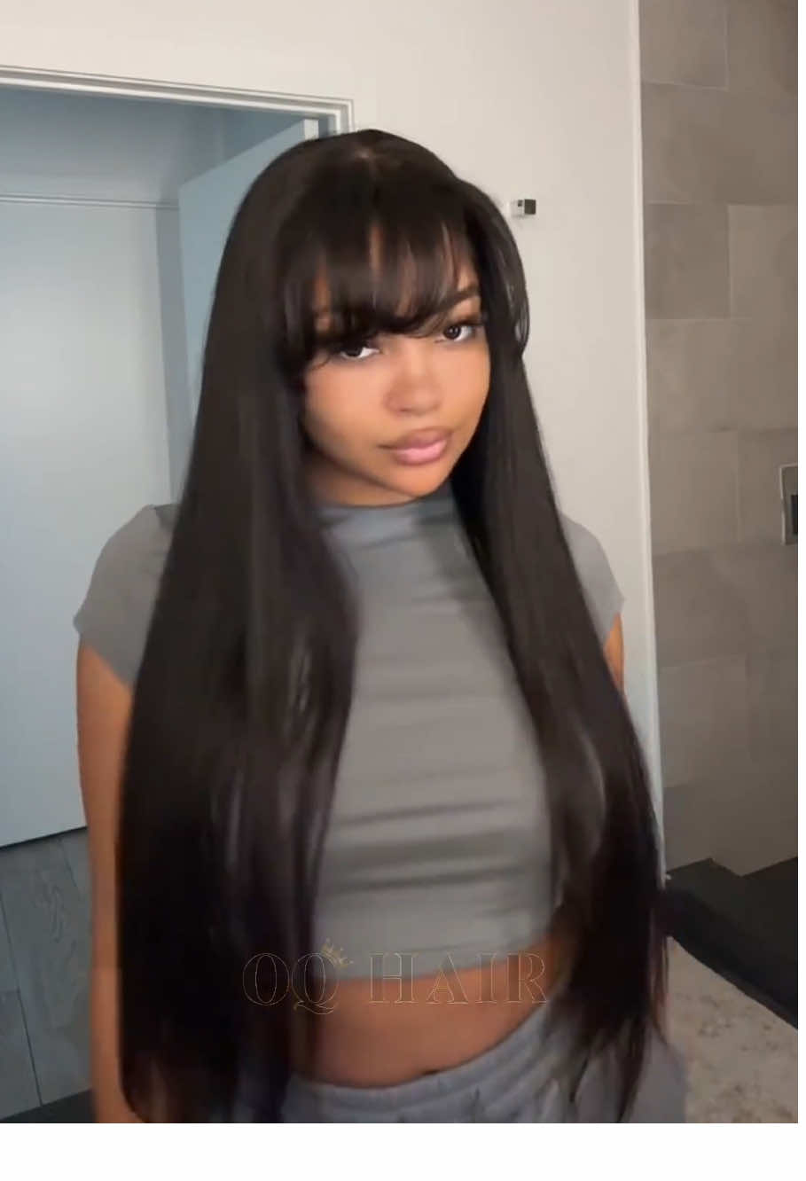 A post by @oqhair on TikTok caption: Turned out so cute! 😍💓 Hair info: 24" wear go pre bleached glueless straight wig(🔗 in my bye-oh!) ,enjoy extra 𝟐𝟖%𝐎𝐅𝐅 with " Code:𝐓𝐊𝐕𝐈𝐏 " #oqhair #humanhair #straightwig #bangs #hairstyles #wigstyling #tiktoktopwigs #fy 