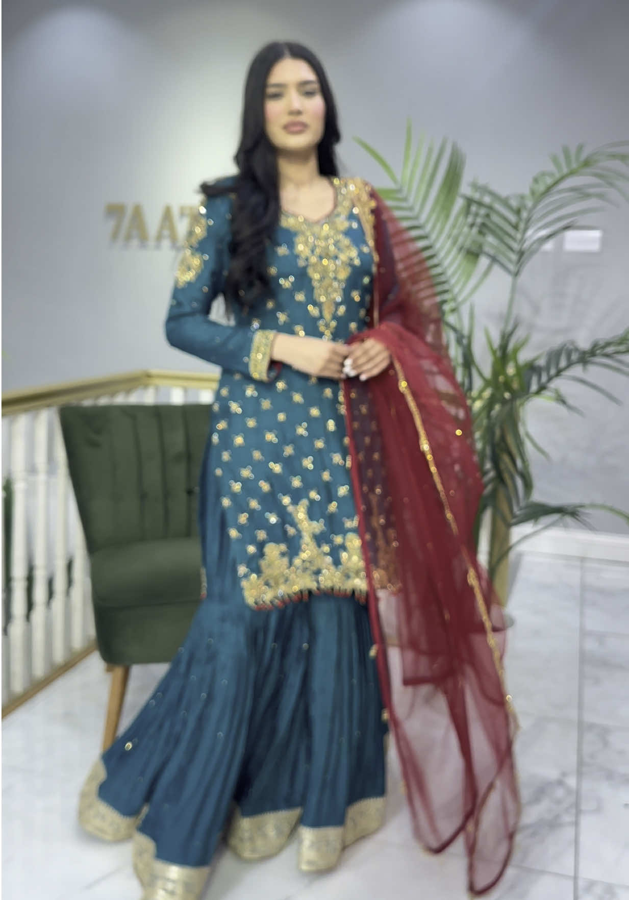A post by @7aatrangbridal on TikTok caption: BEAUTIFUL GHARARA OUTFIT IN TEAL COLOR BY 7AATRANG BRIDAL 🤩❤️#7aatrang #saiyaara #fancy #newstock #kidsdress #CapCut #benharad #unfreezemyacount #burjfabrics #pathanscollection #shahjahan #krishkapoor #vaanikapoor #fyp #million #model #bridal #saree #arabi #sale 