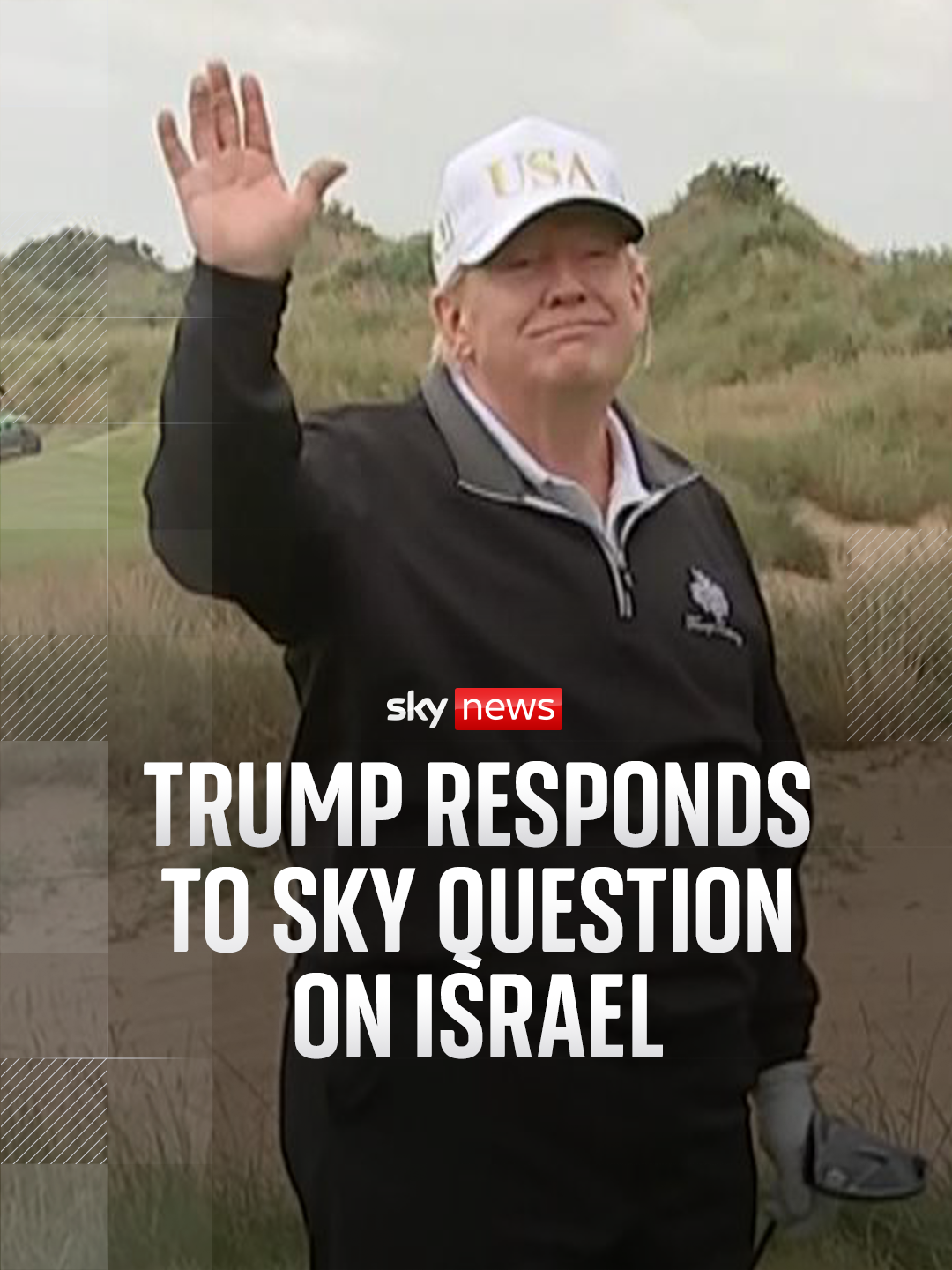 A post by @skynews on TikTok caption: While opening his new golf course in Scotland, Donald Trump commented on Israel and thanked the media for their 'respect' - saying he 'didn't use the words "fake news" one time.'  #donaldtrump #Scotland #israel