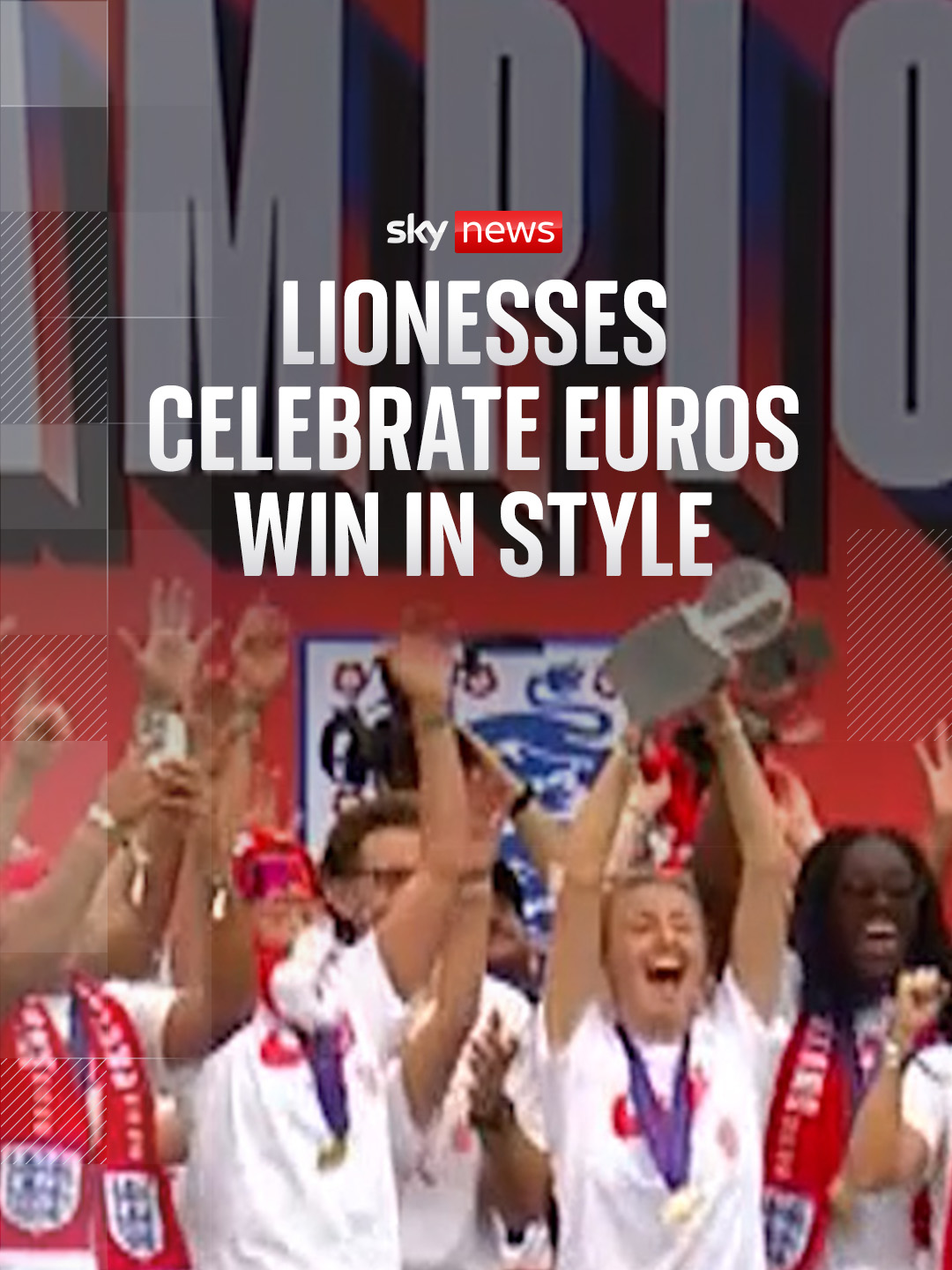 A post by @skynews on TikTok caption: The Lionesses have lifted the Euro 2025 trophy in front of Buckingham Palace in London after an open-top bus parade.  #Lionesses #euro2025