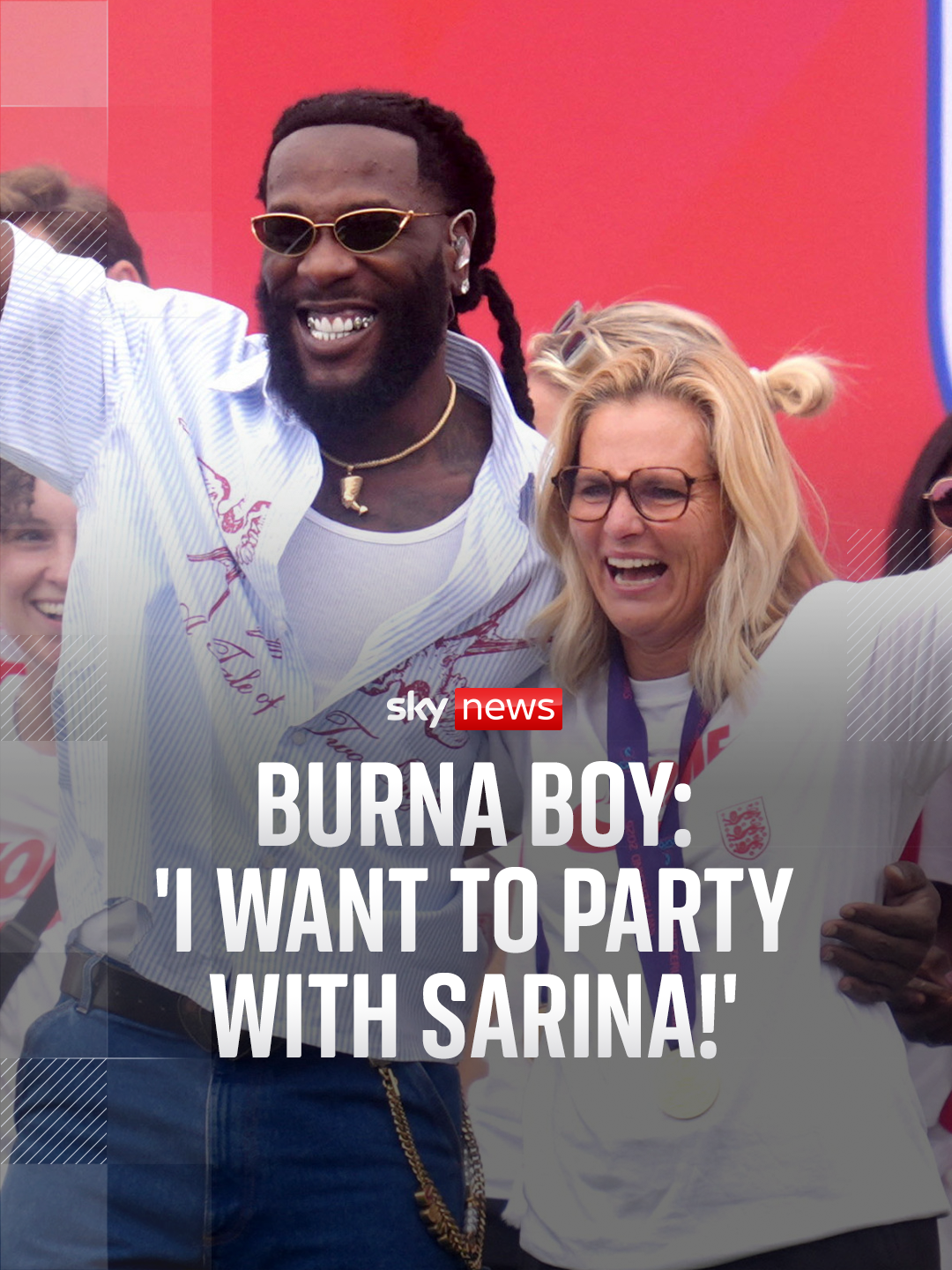 A post by @skynews on TikTok caption: #England manager #SarinaWiegman described being 'flabbergasted' when her favourite artist, #BurnaBoy, joined her on stage for a dance outside #BuckinghamPalace