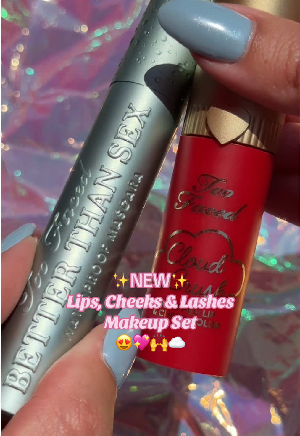 A post by @toofaced on TikTok caption: 💖 NEW & EXCLUSIVE SET on TikTok Shop! 💖 Meet the Lips, Cheeks & Lashes Makeup Set - your full-face glow-up in one perfect bundle! 😍 ✨Choose your shade of our NEW Cloud Crush Whipped Lip & Cheek Color, packed with hyaluronic oil for a soft, cloud-like flush that blends effortlessly on lips and cheeks 💕💋 And get the iconic full-size Better Than Sex Waterproof Mascara or bold, smudge-proof lashes all day long ✨🖤 A $57 value for just $28! (that's like getting the mascara for free!!) 💸 Shop now only on TikTok Shop! #toofaced #tfcrueltyfree #BrilhaSemMedoEstácio 
