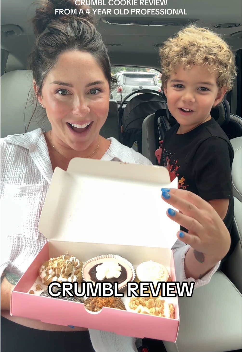 A post by @katiesantry on TikTok caption: His reaction to the strawberry cheesecake killed me🤣🍪🍰 #crumblcookies #crumbl #mukbang #tastetest #cookies @Crumbl 