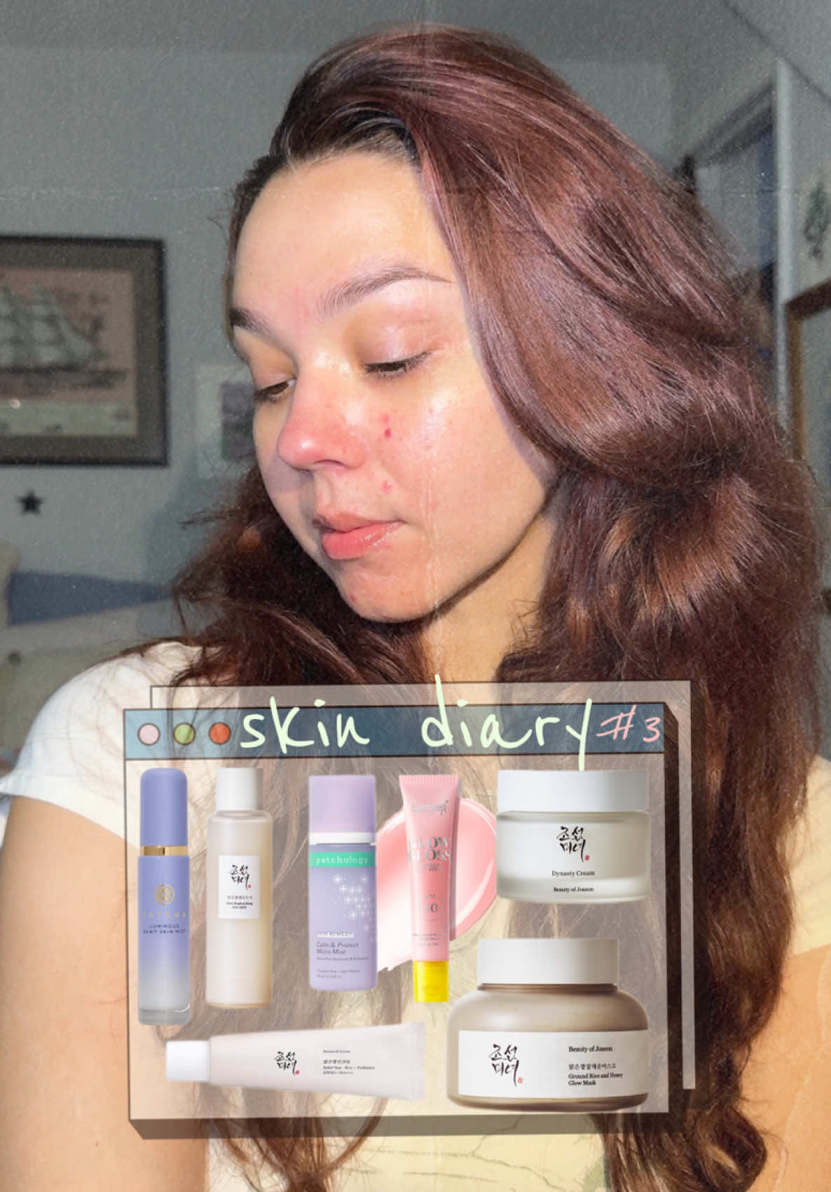 A post by @chritchin on TikTok caption: dear diary…I’m in love with my skincare routine.  @Beauty of Joseon #bojpartner this brand has slowly begun to transform my skin, the rice milk toner, glow mask, ginseng sun serum and dynasty cream are becoming my daily favs. Irritation is down, redness has been minimized and pores are looking tiny <3 ⭐️⭐️⭐️⭐️⭐️ @Tatcha US dewy skin mist is easily top five favorite dewy mists I’ve ever tried. I used the whole bottle up, it is flawless under AND over makeup. ⭐️⭐️⭐️⭐️⭐️ @Patchology calm and protect micro mist has an incredible mister, I just started to use this so I can’t speak on the skin remedy qualities but I’ve been reaching for it since my Tatcha ran out and it hasn’t irritated my skin!  ⭐️⭐️⭐️⭐️ @Supergoop glow gloss has my in my rotation this whole series, I’m moving onto some new balms I’ve been gifted! The strawberry spritz is top, with the vanilla a close second. The scents do linger in the teeth, which I hate. The more I’ve used it, the more I notice the flavor is a little “off”. Not as yummy and subtle as some others. Still, unbelievably hydrating and long-wearing. ⭐️⭐️⭐️ #skincare #skindiaries #skincare #acne #diary #skindiary  #beautyofjoseon #tatcha #supergoop #patchology 