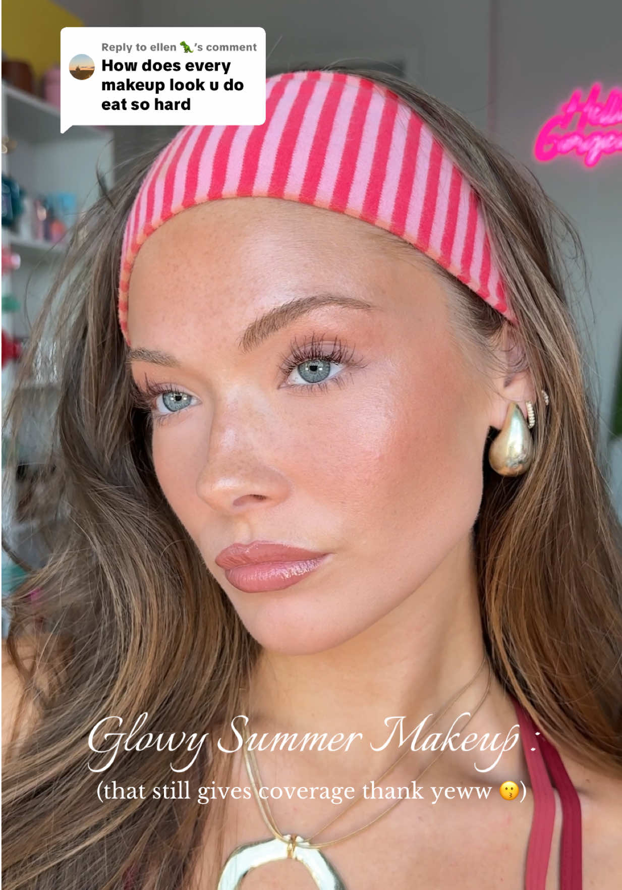 A post by @ on TikTok caption: Replying to @ellen 🦖 did someone say glowy summer soft glam ?! 🤭✨💆🏼‍♀️🌺🐠 I got uuu 💋 & makeup details in my LTK as always for uu 🙂‍↔️ @Saie @Kosas @ONE SIZE BEAUTY @Hourglass Cosmetics @Diorbeauty @Huda Beauty @Natasha Denona @Kylie Cosmetics @beaubble @bareMinerals @Summer Fridays @CAIA Cosmetics @Haus Labs by Lady Gaga @makeupbymario #MakeupInspo #glowymakeup #summermakeup #trending 