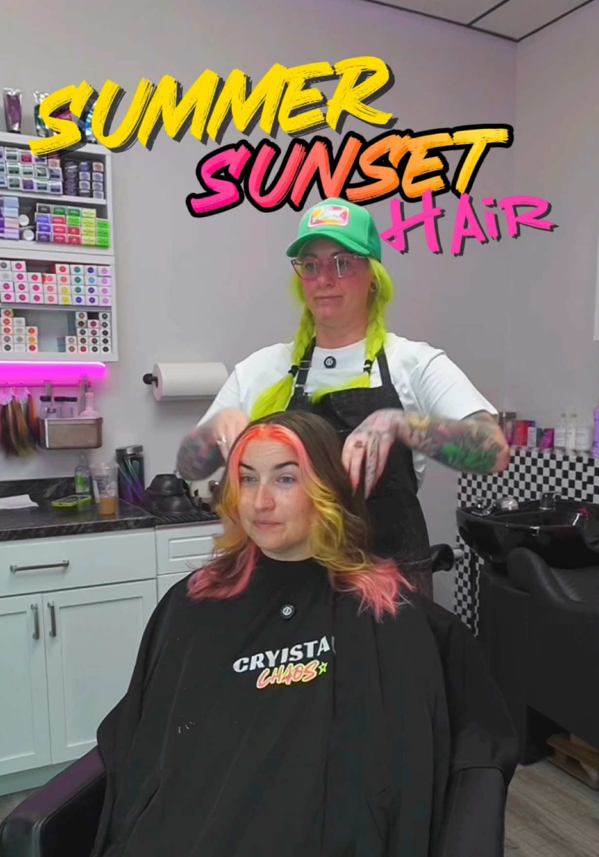 A post by @cryistalchaos on TikTok caption: Video length: 7:31. Story time around 5:00. Education around 2:56 Obsessing over how this @randco color combo came out! Of course we used @Olaplex to dilute AND keep the hair healthy bc we love a product that multi tasks! Styled using our favorites from @amika  #sunsethair #pastelhair #indyhairstylist #indyhair #hairstylistsoftiktok #hairtoks #colormelt #halohaircolor #orangehair 
