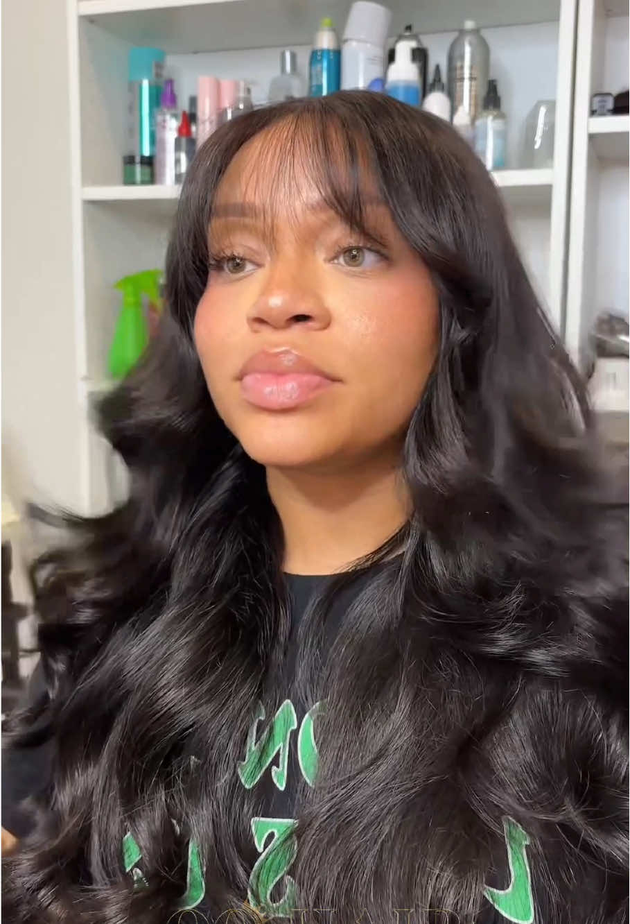 A post by @oqhair on TikTok caption: Cute and simple will always do me right with a hairstyle. Hair info: 24" wear go layer cut pre bleached glueless body wave wig(🔗 in my bye-oh!) ,enjoy extra 𝟐𝟖%𝐎𝐅𝐅 with " Code:𝐓𝐊𝐕𝐈𝐏 " #oqhair #humanhair #bodywave #bangs #wiginstall #tiktoktopwigs #gluelesswig #wighairstyles #wigs 