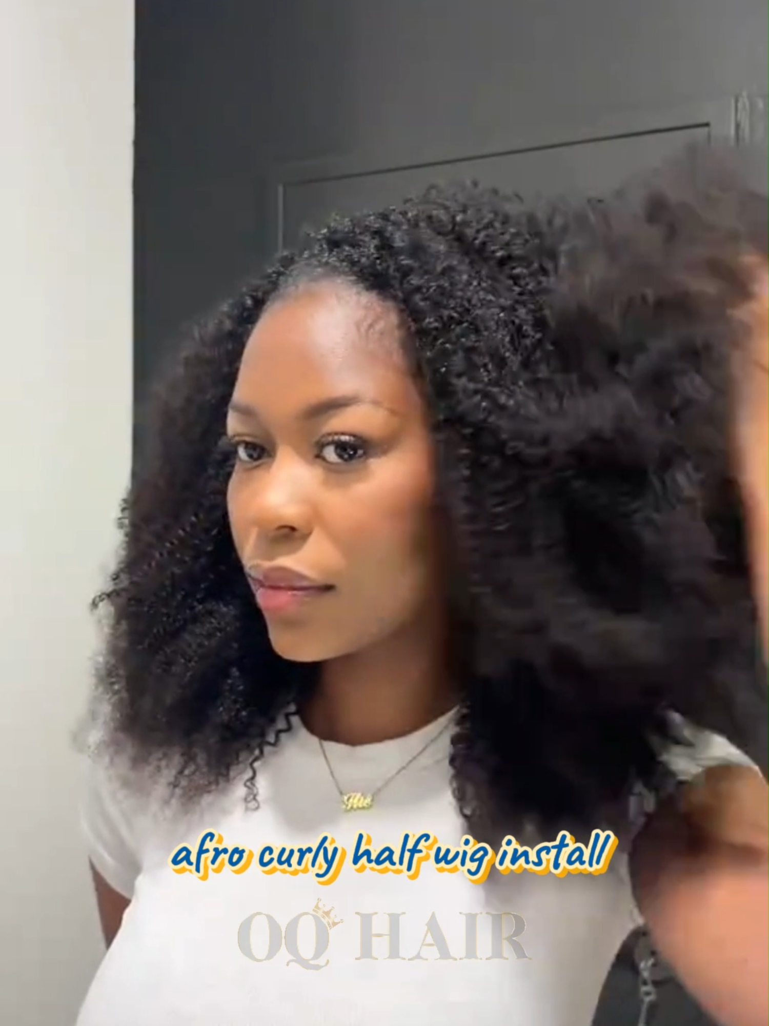 A post by @oqhair on TikTok caption: Love a quick & effortless hairstyle over here and this half wig did just that💕Go Get this half wig 𝟐𝟖% 𝐎𝐅𝐅 with " Code:𝐓𝐊𝐕𝐈𝐏 " (🔗 in my bye-oh!)#oqhair #humanhair #halfwig #wiginstall #wigtok #tiktoktopwigs #curlywig #beginnerfriendly #fy