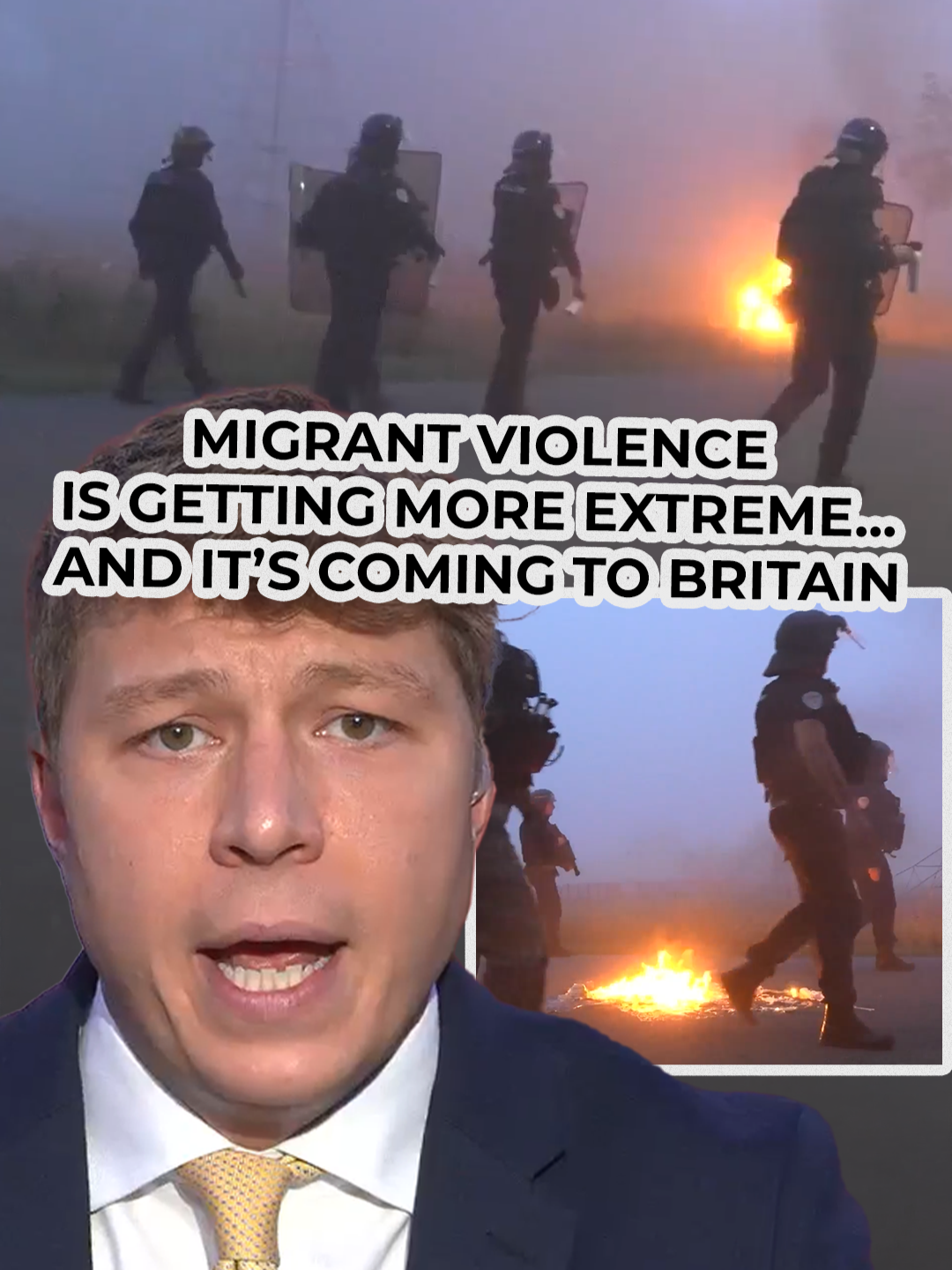 A post by @gbnews on TikTok caption: Patrick Christys says violence in France’s migrant camps is reaching ‘astronomical levels’ following a recent killing in the same camp he reported from last week - and warns: 'It's coming to Britain.' #MigrantCrisis #Calais #Migrants #PatrickChristys #GBNews