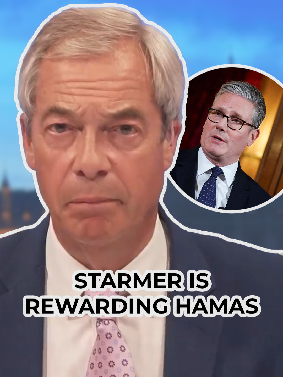 A post by @gbnews on TikTok caption: Nigel Farage believes Sir Keir Starmer has rewarded Hamas by saying the UK will recognise the State of Palestine unless Israel meets certain conditions. The Prime Minister made the announcement in an attempt to end the humanitarian crisis in Gaza. Speaking on GB News, Farage said: 'This is actually rewarding Hamas in so many ways.' #Farage #NigelFarage #KeirStarmer #Palestine #Hamas #Gaza #Israel #GBNews