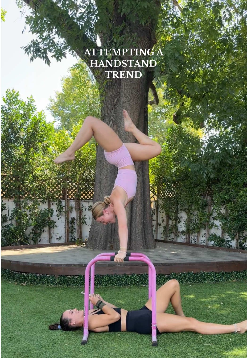 A post by @graciekramer8 on TikTok caption: THIS WAS NEARLY IMPOSSIBLE💀 Been doing gymnastics for 20 years + i still can’t hold a stupid handstand😂🤭 #handstand #trend #balance #challenge 