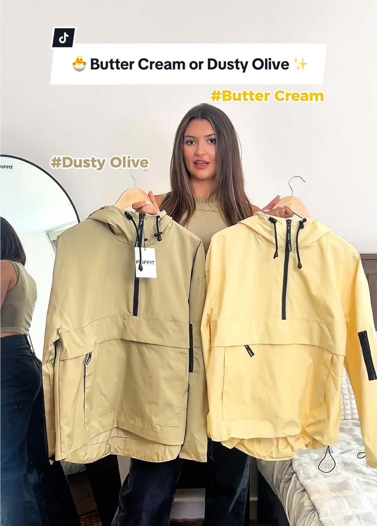 A post by @puffit.uk on TikTok caption: Butter Cream or Dusty Olive 🐣 ✨ #puffit #tiktokshop #raincoat #outfitcheck #hoodie 