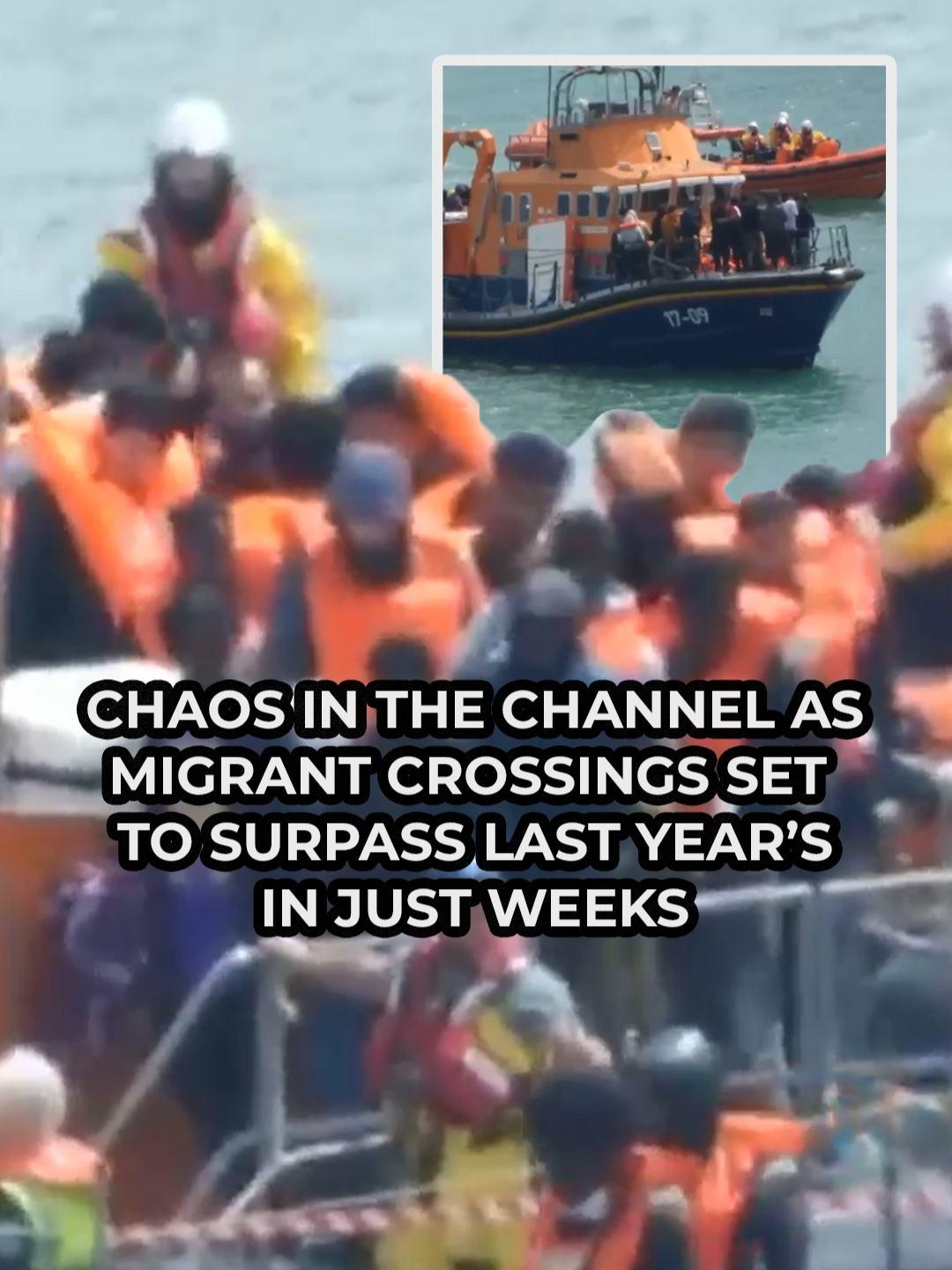 A post by @gbnews on TikTok caption: GB News Home & Security Editor, Mark White, predicts yearly total small boat crossings will soar past last year’s total in just weeks amid chaotic scenes in the English Channel. More than 600 small boat migrants have crossed today, taking the total for 2025 so far to more than 25,000. #MigrantCrisis #BorderForce #uknews #GBNews