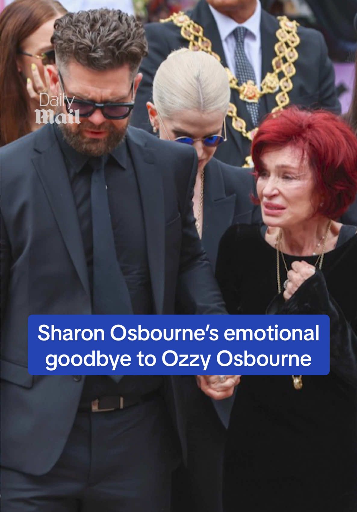 A post by @dailymailuk on TikTok caption: Ozzy Osbourne's grief stricken widow Sharon was supported by her children and thousands of fans today as she laid a single rose for her late husband during his poignant funeral procession through the streets of Birmingham.  The Black Sabbath frontman, who died last week aged 76, was commemorated in a parade through his hometown - with his family pausing at Black Sabbath Bridge to an outpouring of love from the crowd. #sharonosbourne #ozzyosbourne #birmingham #funeral #blacksabbath #news #emotional 