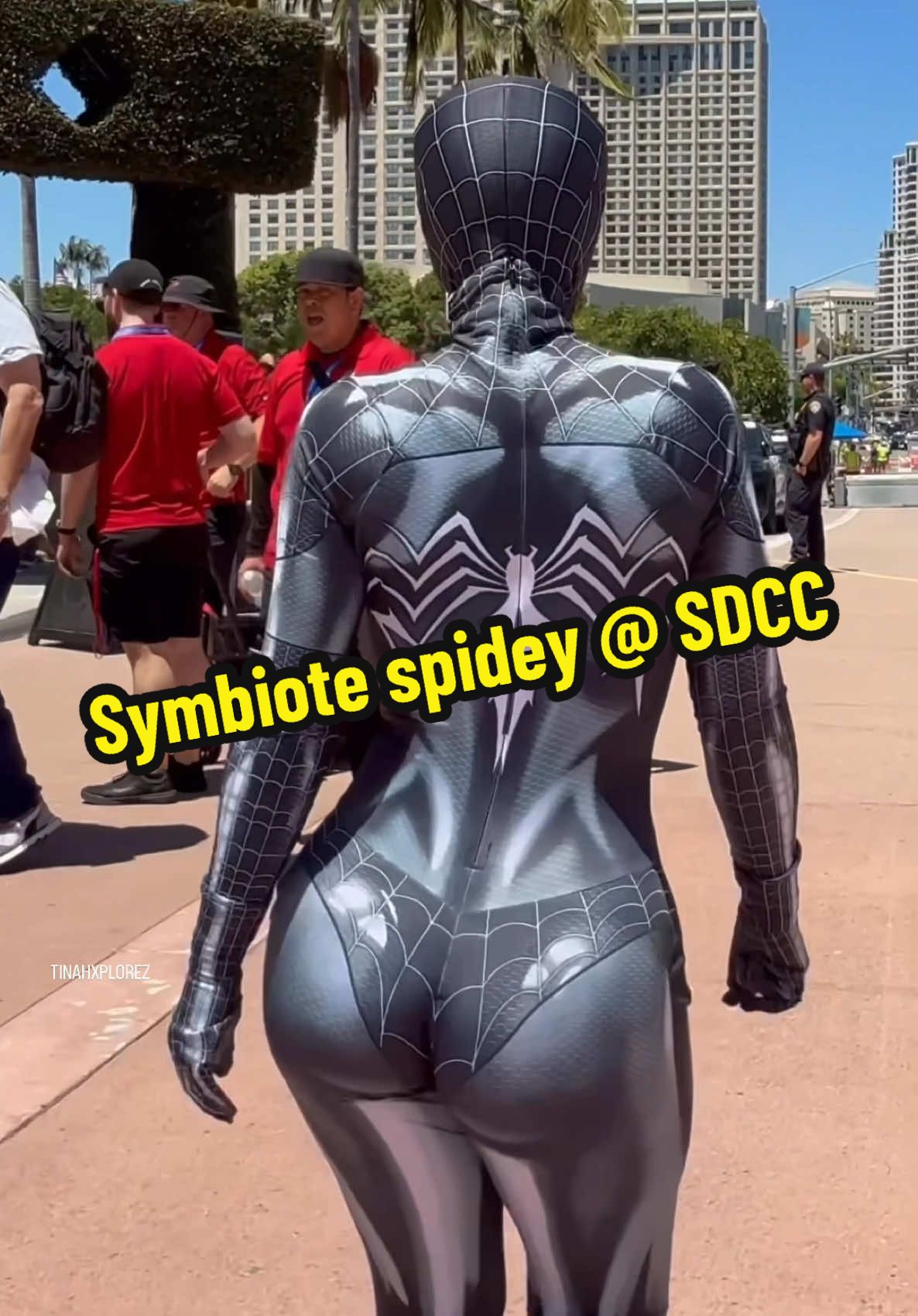 A post by @tinaexplorez on TikTok caption: Just another Spidey video of me #onthisday #viral #baddie #cosplay #spiderman #symbiote #venom #marvel 