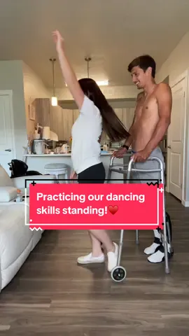 A post by @amberandneven on TikTok caption: Practicing our dancing skills standing!♥️ #questionoftheday #paralyzed #paraplegic #wheelchair #wheelchairlife #fylpシviralシ #spinalcordinjury #spinalcordinjuryrecovery #spinalcordinjurysurvivor #fiance #engaged #motivation #howto #dirtbike #moto #racing #foryoupage #craighospital @Amber Cogbill @Neven 