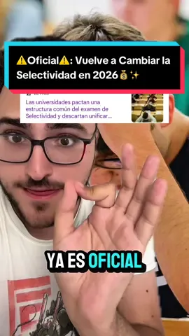 A post by @raulgb_02 on TikTok caption: ⚠️Oficial⚠️: Vuelve a Cambiar la Selectividad en 2026💰✨ #ebau #pevau #bachillerato #universidad #examen 