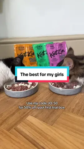 A post by @jos_unfiltered_life on TikTok caption: Replying to @Lucy  honestly finding the best food for your pets makes such a difference . Since using @KatKin.Club we have reduced our waste and the girls seem so much happier at meal times .  If you want to try them for yourself you can use my code JO-50 and get 50% off your first trial box 😘📦 #petfood#freshfood#healthy#delivery#viral AD 