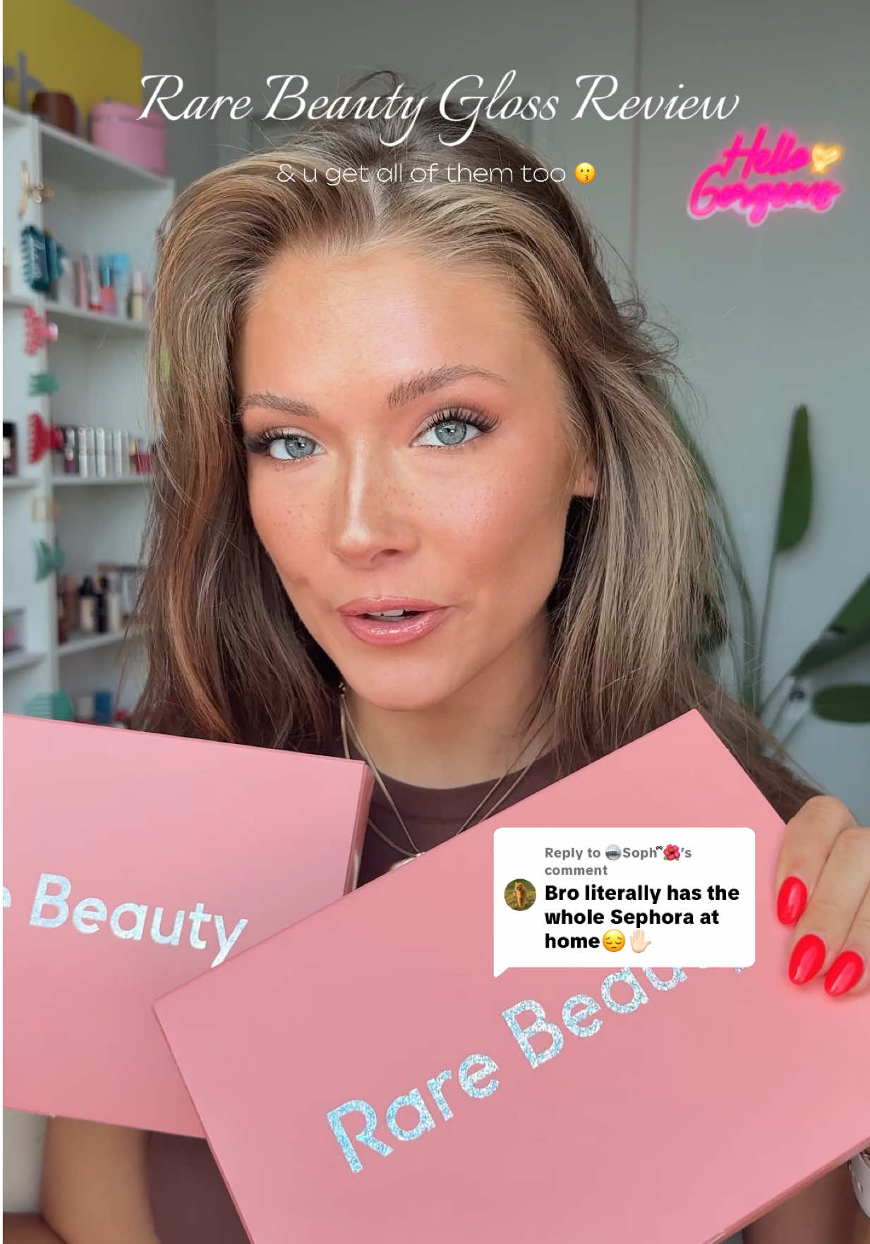 A post by @ on TikTok caption: Replying to @🪩Soph ྀིྀི🌺 let’s try on all 6 of the NEW @Rare Beauty glosses 😗✨💋 nobody snitch on me but they send me 2 so the second pr box is for u !! 🫶🏼 just like, comment & follow me & I’ll lyk who won in a few days !! 🎉 Ilysm 🙂‍↔️ #makeupreview #lipgloss #MakeupInspo #trending 