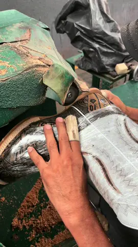 A post by @alfawesternwear on TikTok caption: We Make It Look Easy🔥 But This Machine Can Easily Cut Off A Finger😦 #alfawesternwear #alfawesternwearboots #texas #cowboyboots #westernwear #cowboyshit #botasvaqueras #handtooled  