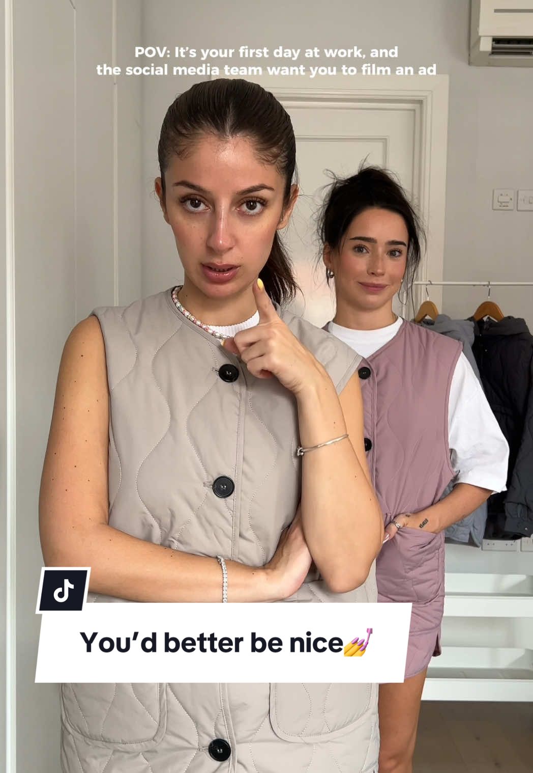 A post by @puffit.uk on TikTok caption: She said she could try… so we let her🫶🏻 #puffit #socialmedia #intern #marketinghumor #quiltedjacket #summerfashioninspo #tiktokfashion 
