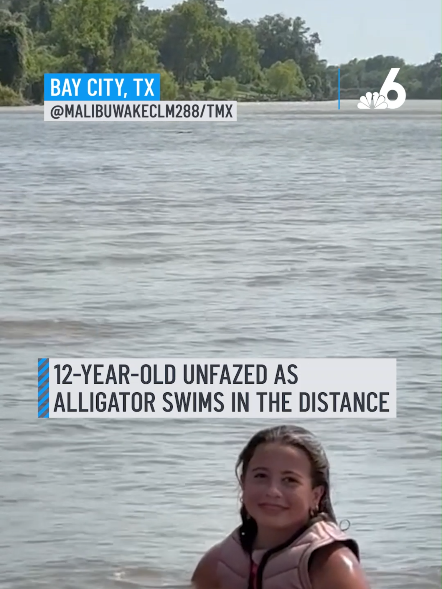 A post by @nbcsouthflorida on TikTok caption: A 12-year-old keeps her cool while an alligator casually swims in the background totally unaware or just totally fearless.  #alligator #wildlifeencounter #floridawildlife #naturevideo #staycalm #viralclip #caughtoncamera
