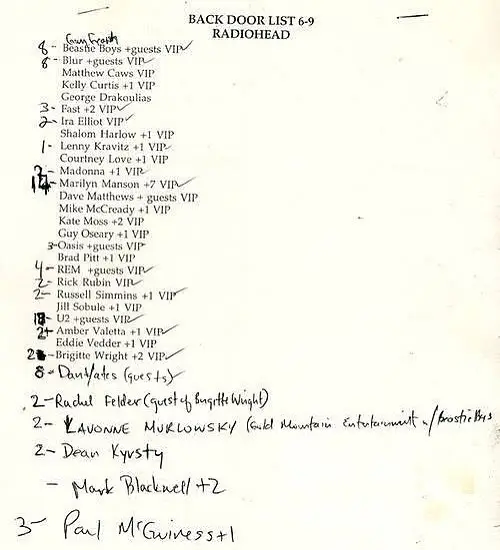 A post by @saint on TikTok caption: guest list and set list from Radiohead’s 1997 concert at Irving Plaza in New York after the release of “OK Computer”