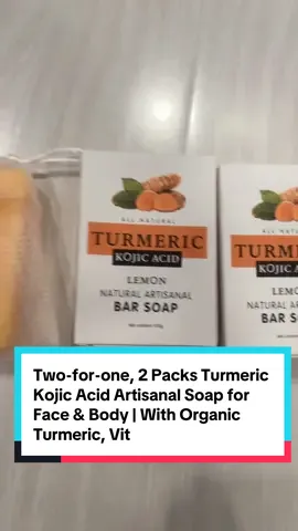A post by @heyreemaa on TikTok caption: Two-for-one, 2 Packs Turmeric Kojic Acid Artisanal Soap for Face & Body | With Organic Turmeric, Vitamin C, Glycerin & Tea Tree Oil - Gentle Cleansing, Hydration, Smoothing & Moisturizing. #turmerickojicacidsoap #turmerickojicacidsoap #kojicacidsoap #vitaminc #soap 