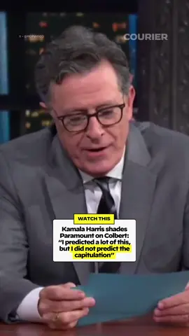 A post by @couriernewsroom on TikTok caption: Kamala Harris threw shade at Paramount for folding to Trump