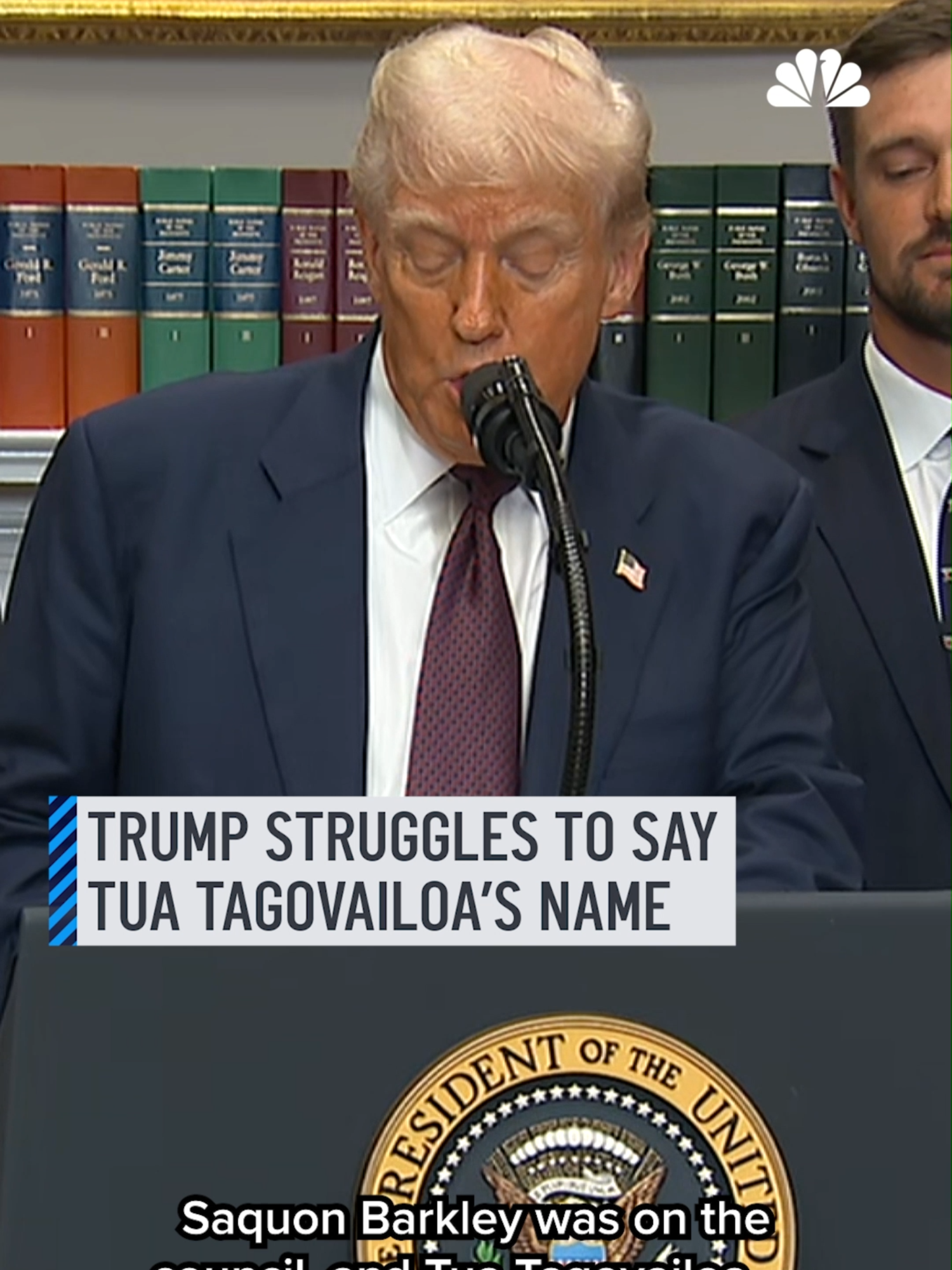 A post by @nbcsouthflorida on TikTok caption: President Trump gave a shoutout to Tua Tagovailoa during a recent speech, but completely butchered his name. The moment quickly caught attention online. #donaldtrump #tuatagovailoa #nfl #football #speechmoment #viralclip #SportsNews #presidentialspeech #trumpnews #celebritymention