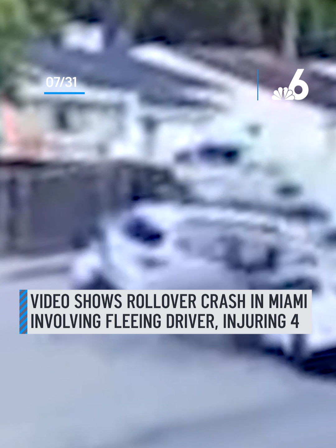 A post by @nbcsouthflorida on TikTok caption: Shocking surveillance video shows a violent rollover crash in Miami after a fleeing driver slammed into another car, injuring four people. Police say the suspect tried to escape a traffic stop before causing the multi-vehicle crash.  #miamicrash #rollovercrash #caughtoncamera #policechase #miaminews #trafficincident #dangerousdriving #crashinvestigation #nbc6 #breakingnews