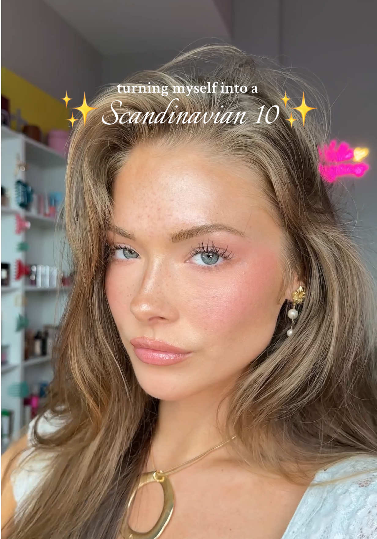 A post by @ on TikTok caption: It’s a scandi girl summer ☀️🙂‍↔️✨ product deets in mi LTK 🫶🏼@rhode skin @Saie @Hourglass Cosmetics @REFY @makeupforever @beaubble @Kosas @Benefit Cosmetics @Patrick Ta Beauty @CAIA Cosmetics @bareMinerals @NARS Cosmetics #MakeupInspo #summermakeup #makeuptutorial #trending 