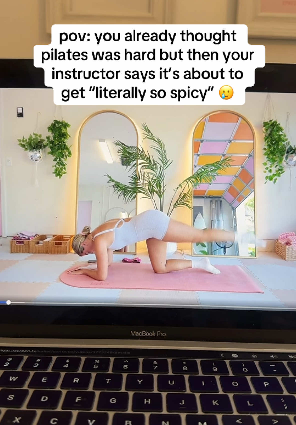A post by @calliegualy on TikTok caption: genuinely didn’t think I’d make it through filming this one 😂 join my free spicy 21-day pilates challenge lN Bl0 #pilates #pilatesworkout #fitness #pilatesprincess #pilateslovers #pilatesbody #workout 