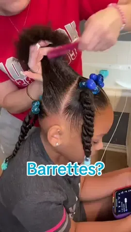 A post by @kickinitwith_kt on TikTok caption: What age do yall stop using barrettes? My girls don’t care for them anymore. They only want ballies and beads. Does this mean they are too old? Twins are 7, Emery is 9. Idk, what yall think? On another note, I grew up listening to all these songs and now my kids know them too. My mama had some flava! 😂 @Alicia Shawn Krumrey  #hair #hairstyle #beads #ballies #barrettes #twists #mixedgirl #4chair #4chairstyles #type4hair #shrinkage #fyp 