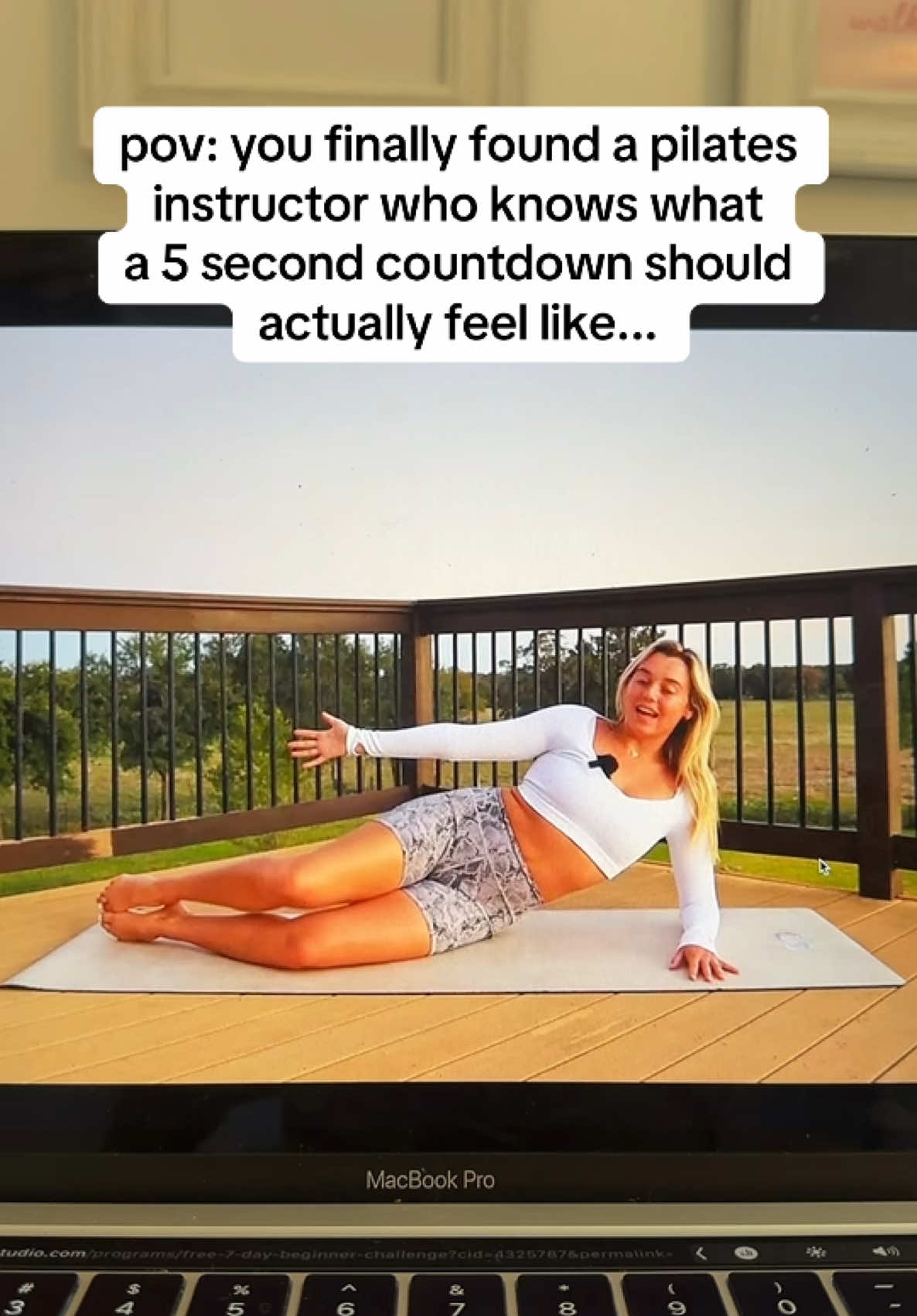 A post by @calliegualy on TikTok caption: When 5 seconds means 5 seconds >> 🙏🏼 join my free 21-day pilates challenge lN Bl0 #pilates #pilatesprincess #pilateslovers #pilatesbody #pilatesworkout #pilatesinstructor 