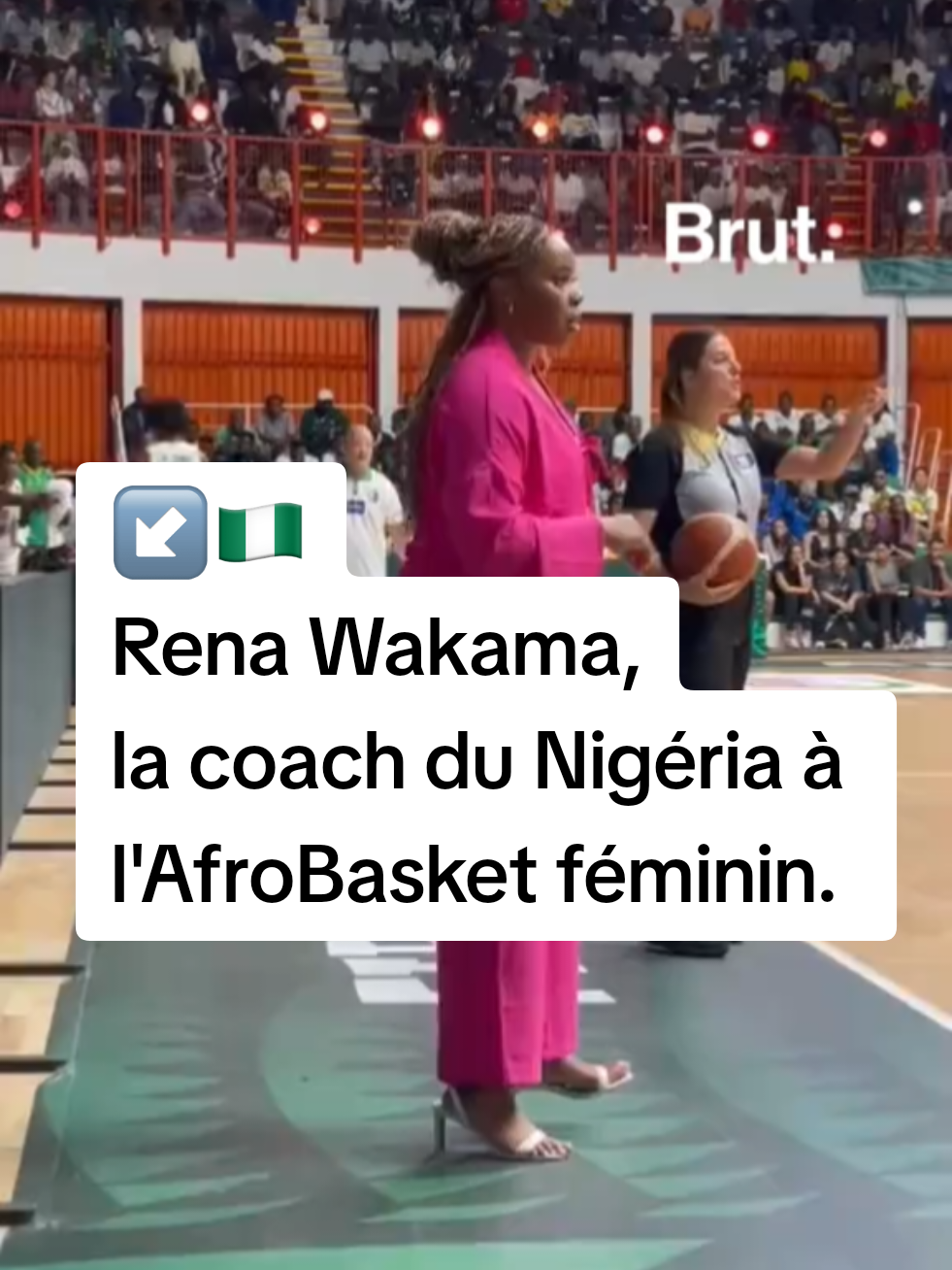 A post by @brutafrique on TikTok caption: 🏀 Nous avons apperçu, Rena Wakama, la coach du Nigéria toujours apprêtée et en talons à l’AfroBasket Féminin. 😍🇳🇬
