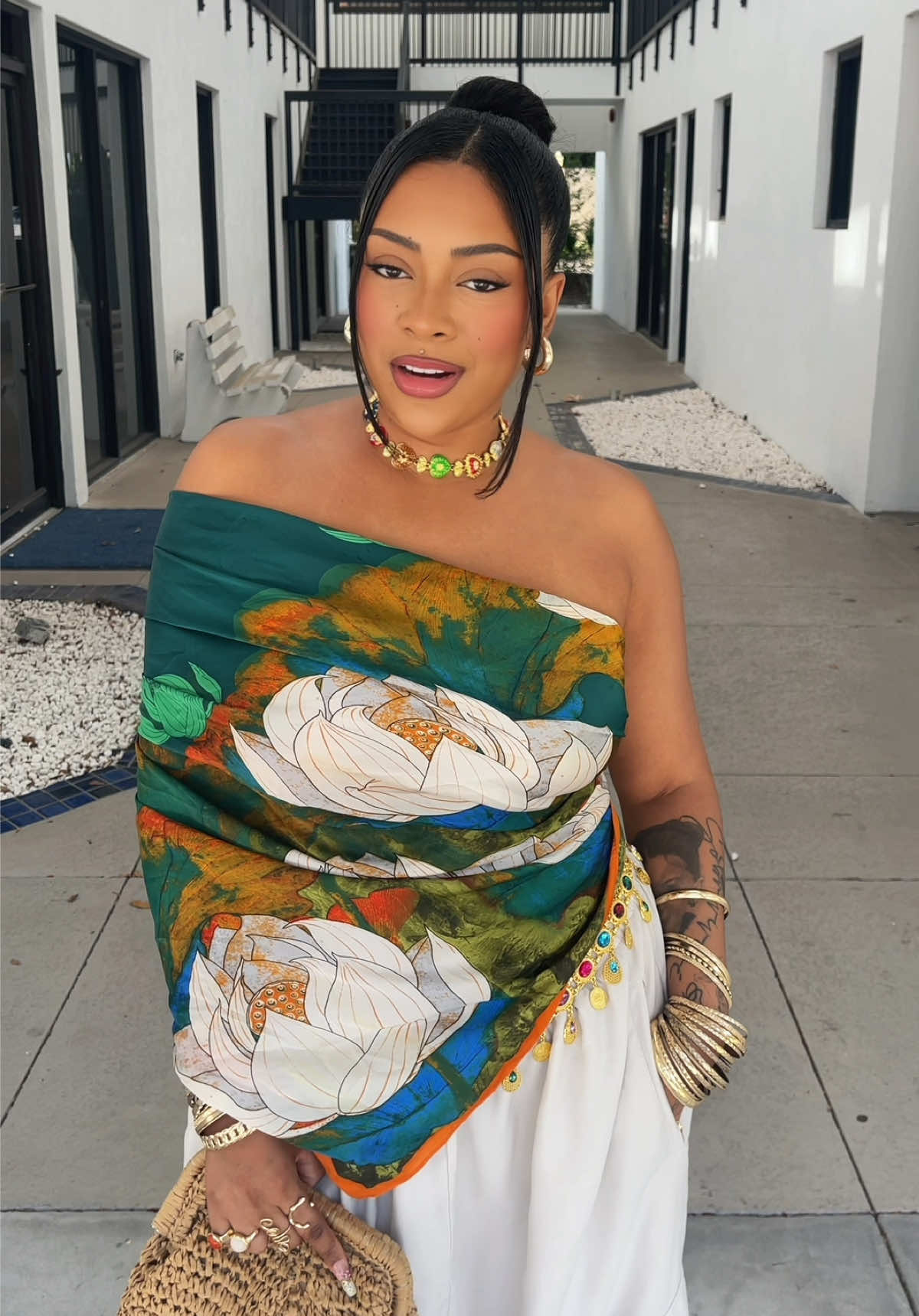A post by @exe_eve on TikTok caption: I’m soooo done with the idea that wearing something more than once is a bad thing. If you actually have style, no one's clocking how often you repeat 🤗 It’s how you wear it that stands out, not how new it is. I’ll rework, restyle, and rewear as much as I want!! Anywho love this #OOTD and this scarf as a top is so gorgeeee✨ #OOTD #scarftop #scarfhack #diyshirt #outfitideas #bohochic 